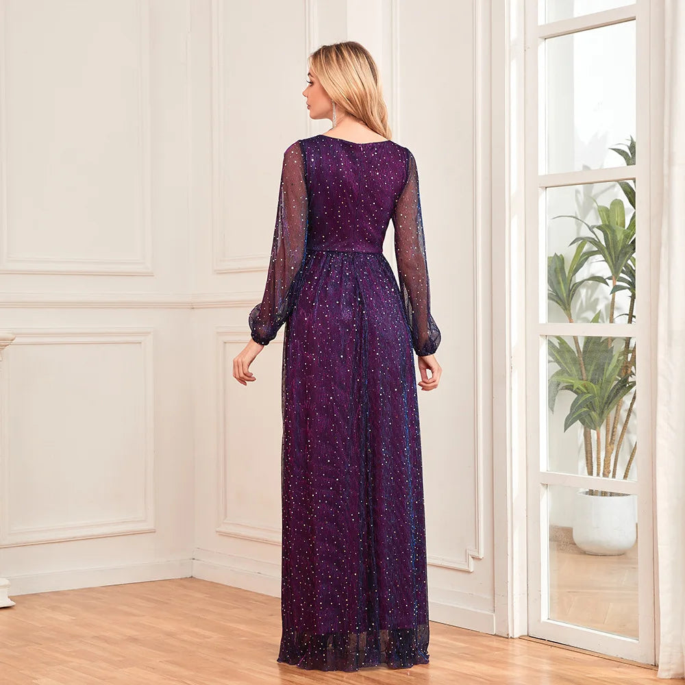 Elegant Women's Bright Sparkling Pleated Long Sleeve V-Neck Swing Skirt with Full Lining Elastic Waist A-Line Gown for Special O
