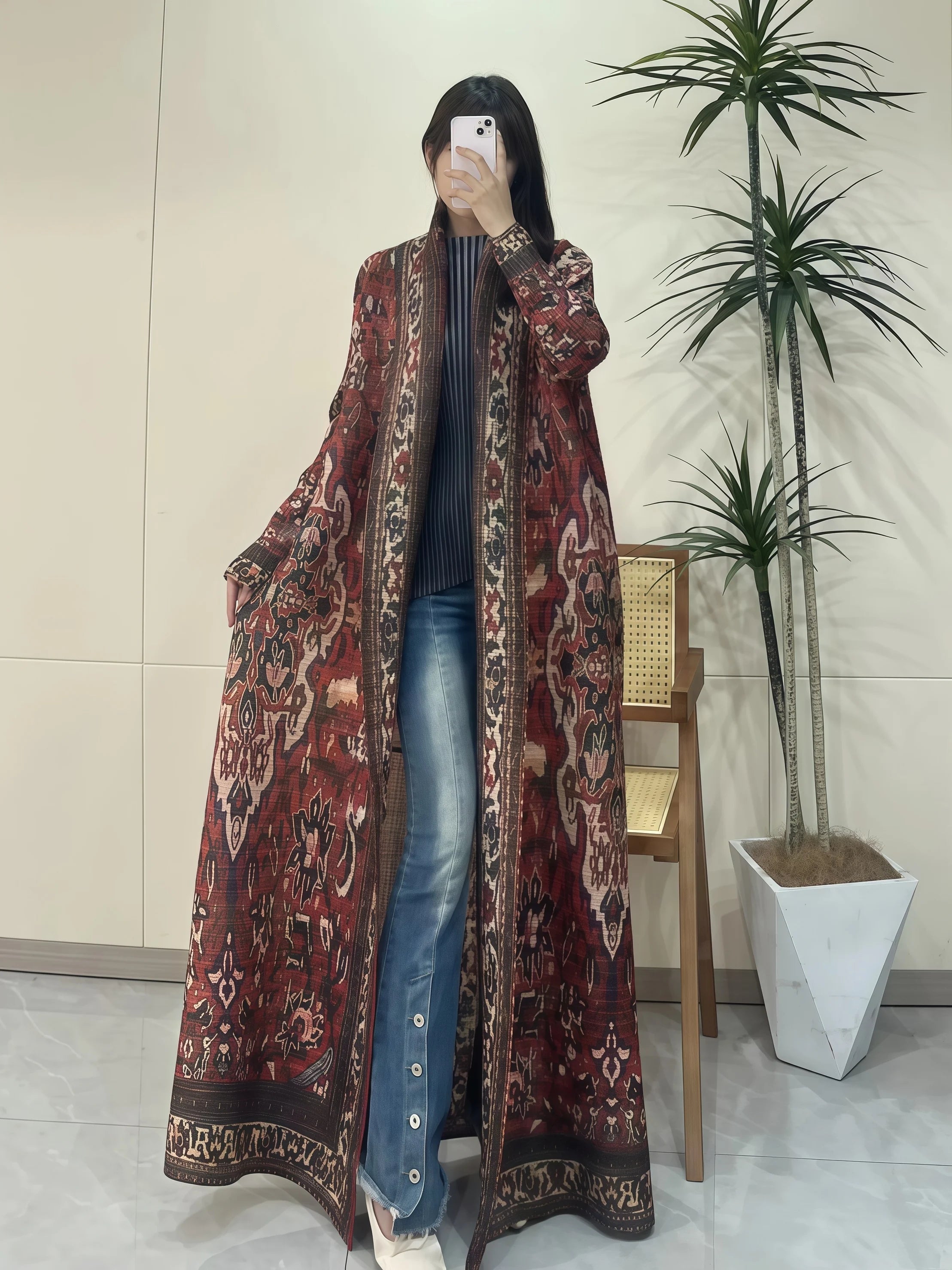 Miyake Pleated Abaya Print Foldable Collar Women's Long Sleeve Robe 2024 New Winter Original Design Fashion Cardigan Coat