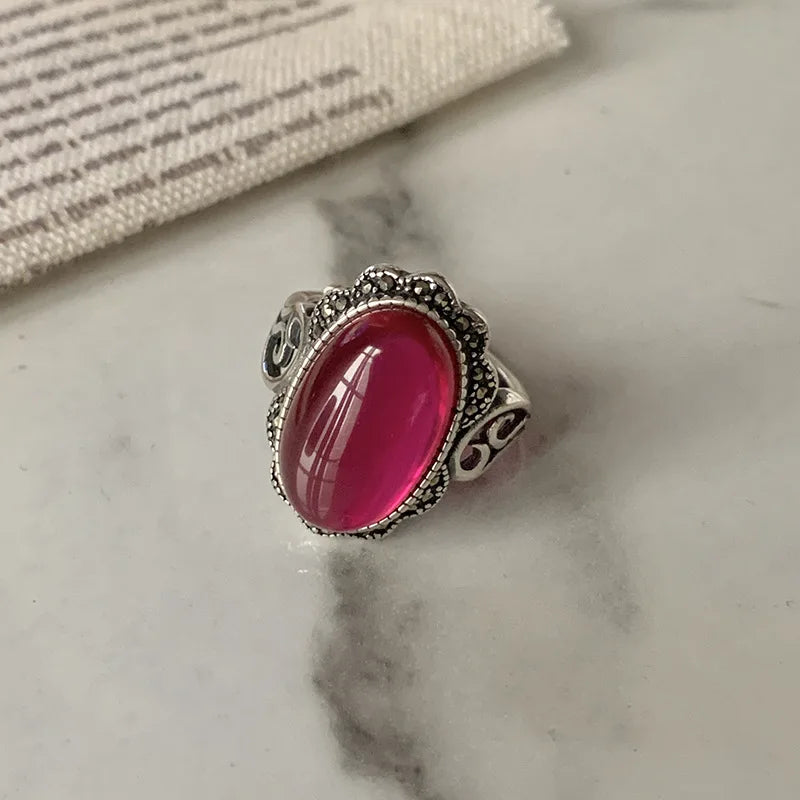 Personality Retro Exaggeration Big Garnet Stone Thai Silver Female Wedding Ring Hand Jewellery Accessories Never Fade Gifts