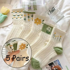 Girls Short Socks 5 Pairs Cute Medium Flowers Print Sweet Style Skin-Friendly Comfortable And Breathable Pure Cotton For All Sea
