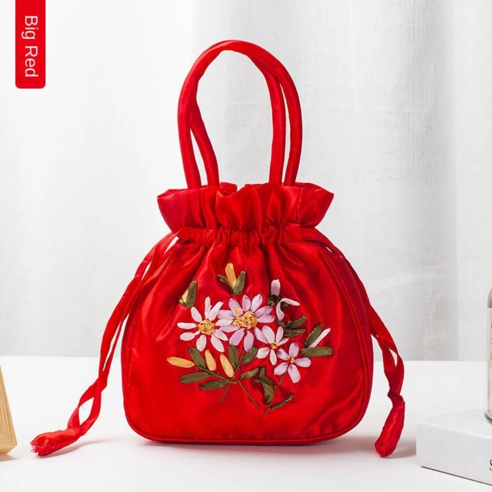 Small Women Bucket Bag Top Handle Ladies Handbag Phone Bag Summer Purse National Style Embroidered Flower Pattern Drawstring Bag