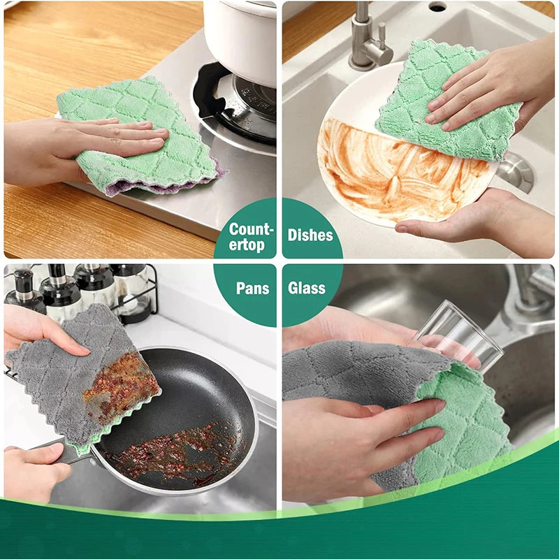 5pcs Double-side Microfiber Towel Super Absorbent Coral Fleece Cleaning Cloths Kitchen Non-stick Oil Dishcloths Scouring Rag