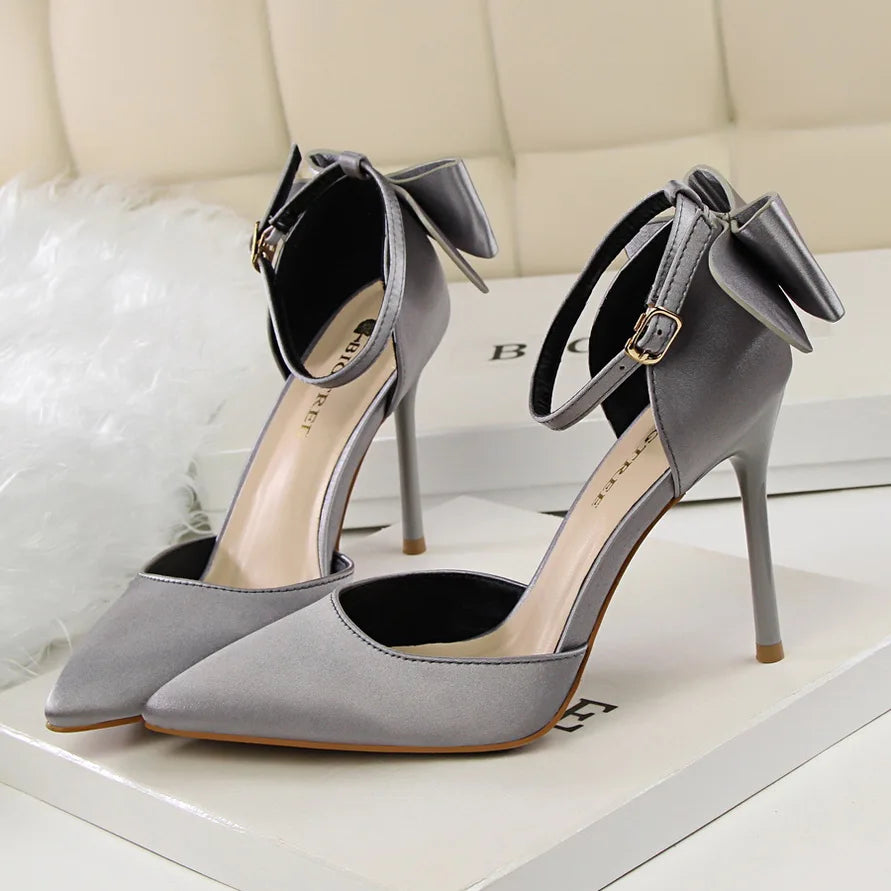 Women Summer 8cm 10cm High Heels Sandals Lady Silk Wedding Low Heels Butterfly Knot Bow Sandles Quality Classic Bigtree Shoes