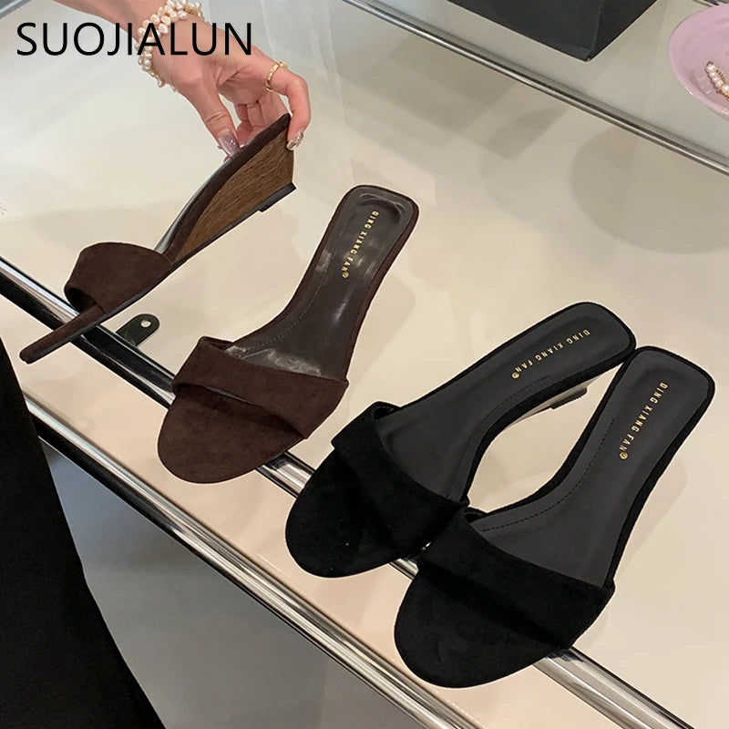 SUOJIALUN 2025 Summer New Women Slipper Fashion Low Wedge Heel Ladies Elegant Slides Open Toe Outdoor Dress Sandal Shoes