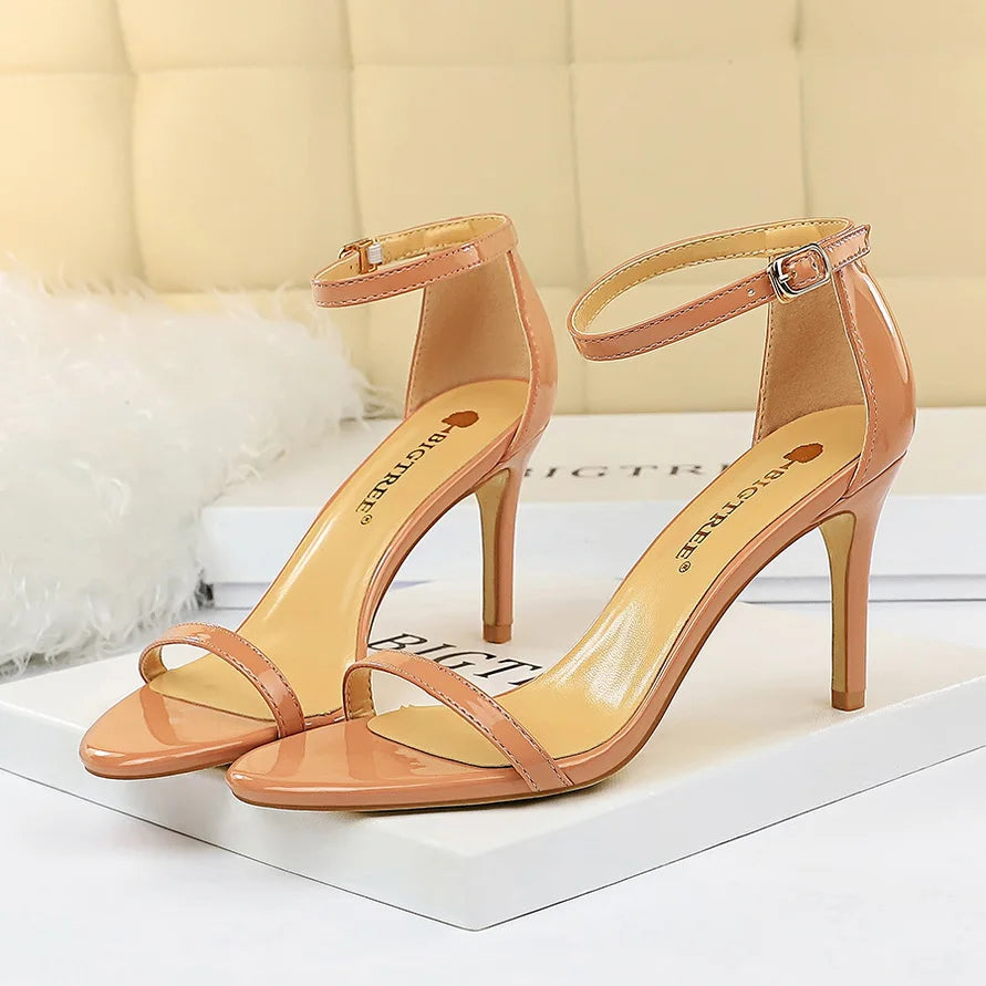 Women Summer 8cm 11cm High Heels Fetish Sandals Gladiator Platform Strap Glossy Leather Sandles Lady Nude Low Heels Party Shoes