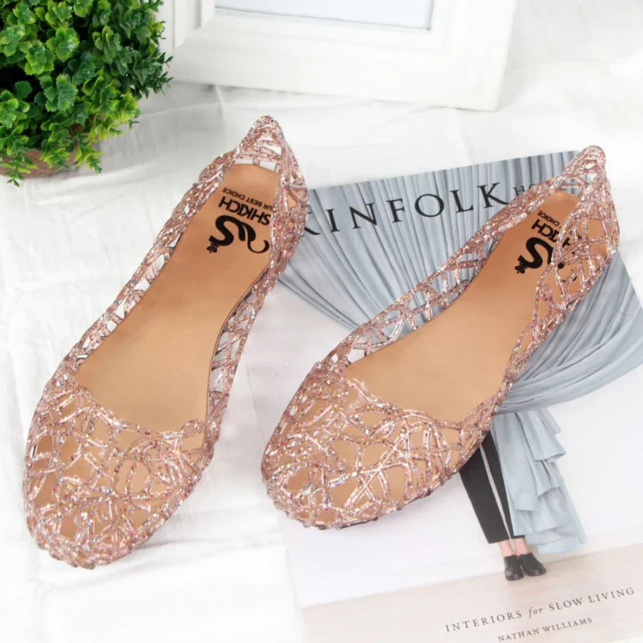 Summer women sandals flat-soled crystal clogs hollow flat-soled slip-ons shallow mouth Roman jelly shoes beach sandals
