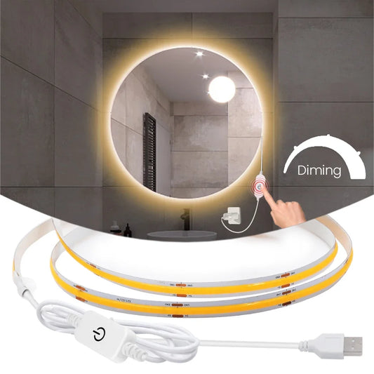 COB LED strip lamp 5V 5M high-density flexible LED tape, touch dimming, cabinet kitchen room decoration.