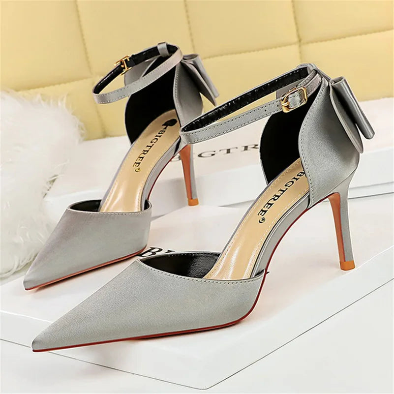Women Summer 8cm 10cm High Heels Sandals Lady Silk Wedding Low Heels Butterfly Knot Bow Sandles Quality Classic Bigtree Shoes