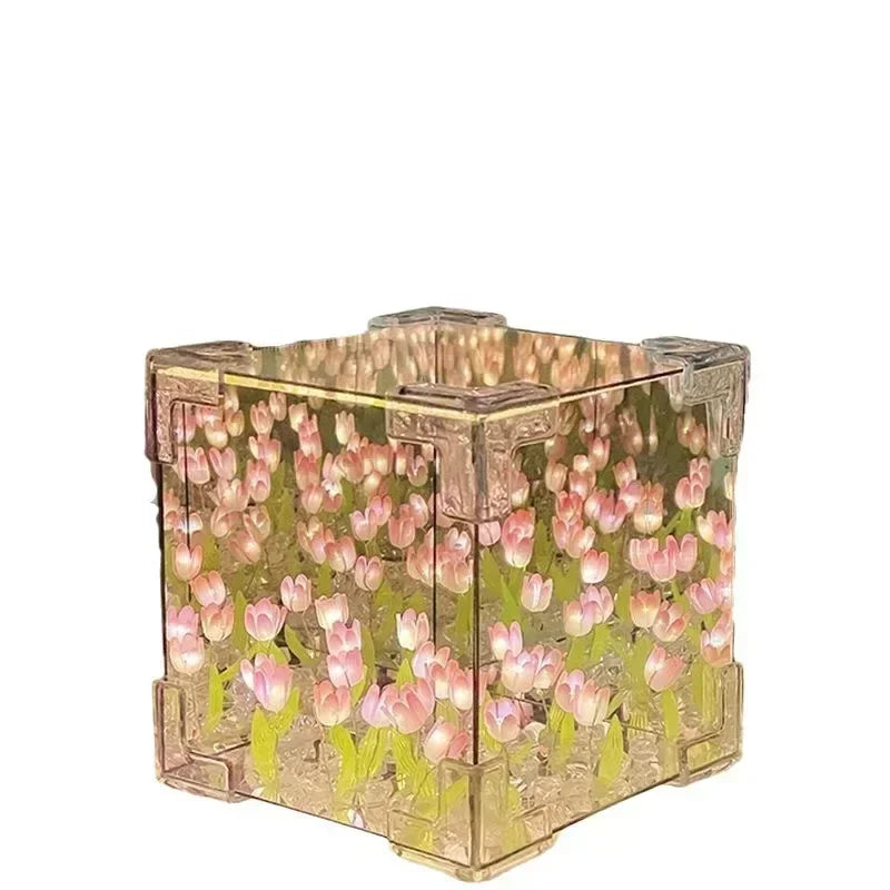 DIY Tulip Mirror Cube Lamp Simulation Flower Bedroom Sleeping Table Lamp Handmade Craft Tulips Mirror Night Light Birthday Gift
