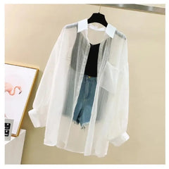 Summer Sunscreen Shirt Elegant Perspective Thin Chiffon Blouse Korean Harajuku See Through Loose Top Casual Women's Cardigan