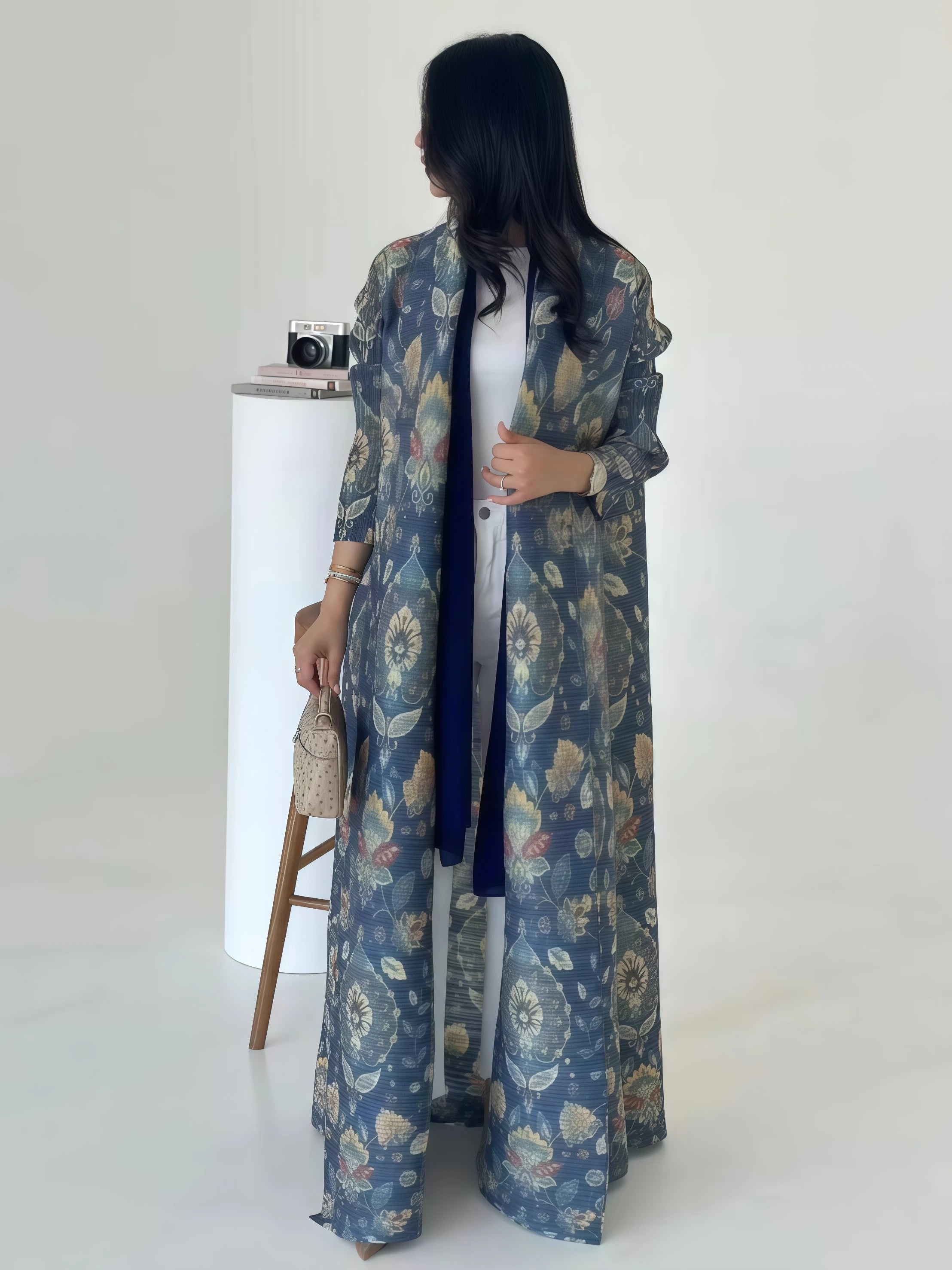Miyake Pleated Abaya Print Foldable Collar Women's Long Sleeve Robe 2024 New Winter Original Design Fashion Cardigan Coat