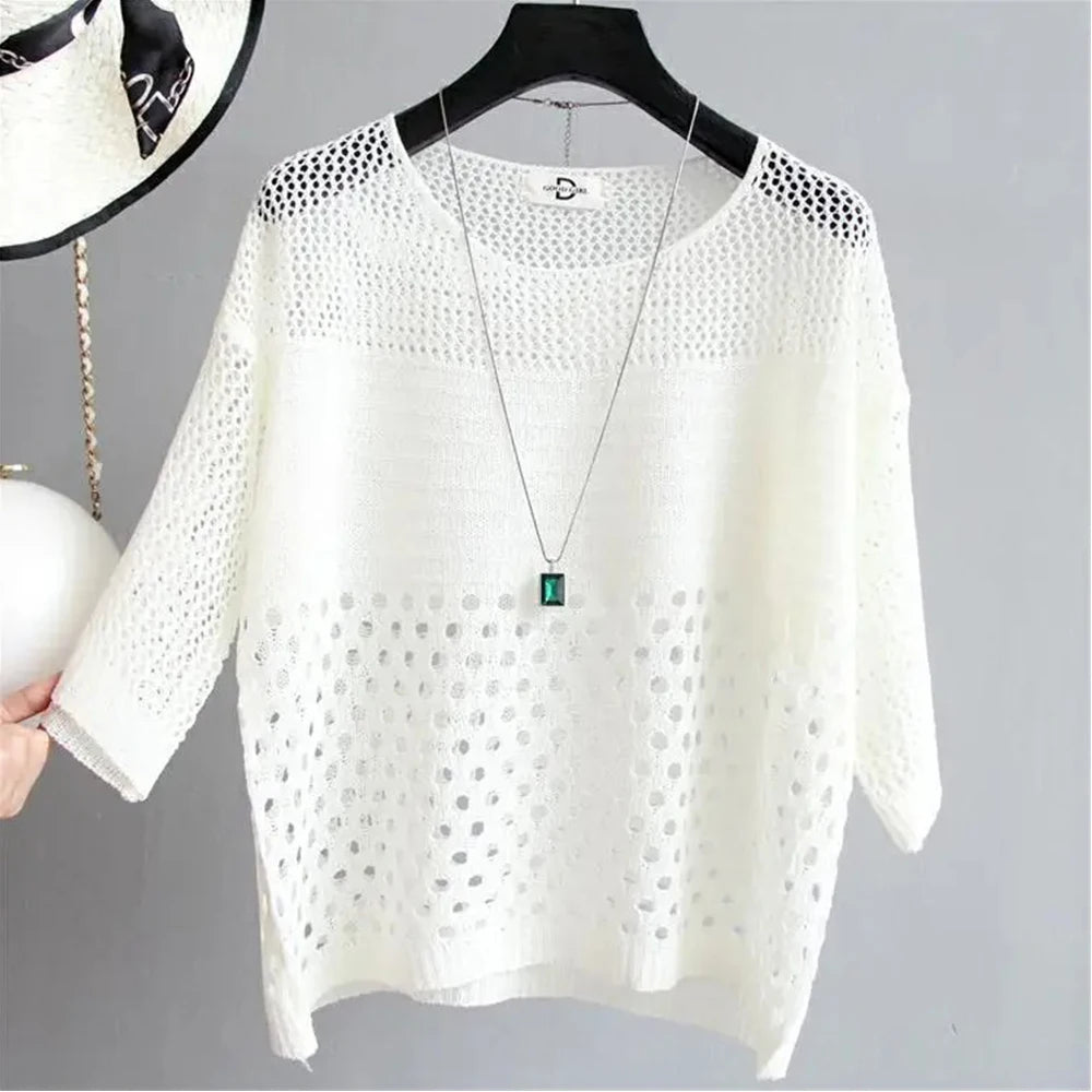 Spring and Summer New Ice Silk Knitted Vest Top Hollow Out Thin Bottoming Sling Streetwear Womens Clothing Shirt