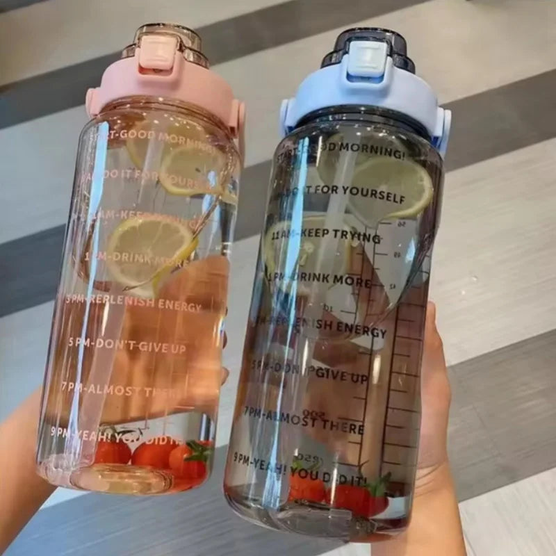 Large Capacity Plastic Straw Portable Sports Straw Water Bottle With Time Marker 2L Large Capacity Cup，Water Jug With Handle