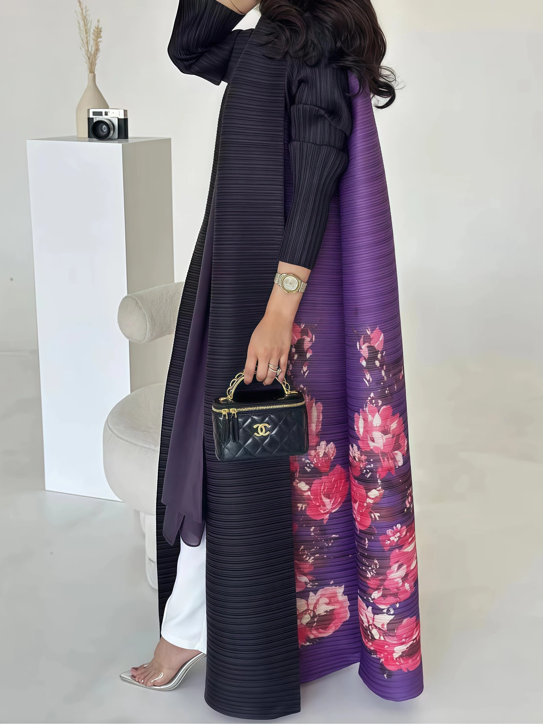 Miyake Pleated Abaya Print Foldable Collar Women's Long Sleeve Robe 2024 New Winter Original Design Fashion Cardigan Coat