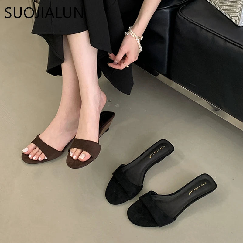 SUOJIALUN 2025 Summer New Women Slipper Fashion Low Wedge Heel Ladies Elegant Slides Open Toe Outdoor Dress Sandal Shoes