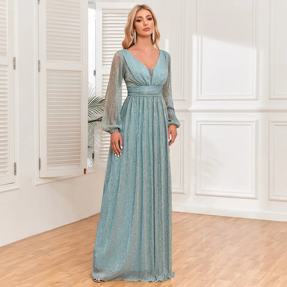 Elegant Women's Bright Sparkling Pleated Long Sleeve V-Neck Swing Skirt with Full Lining Elastic Waist A-Line Gown for Special O