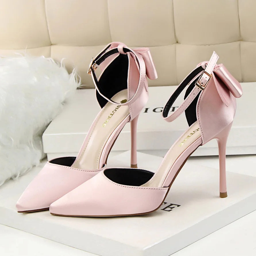 Women Summer 8cm 10cm High Heels Sandals Lady Silk Wedding Low Heels Butterfly Knot Bow Sandles Quality Classic Bigtree Shoes