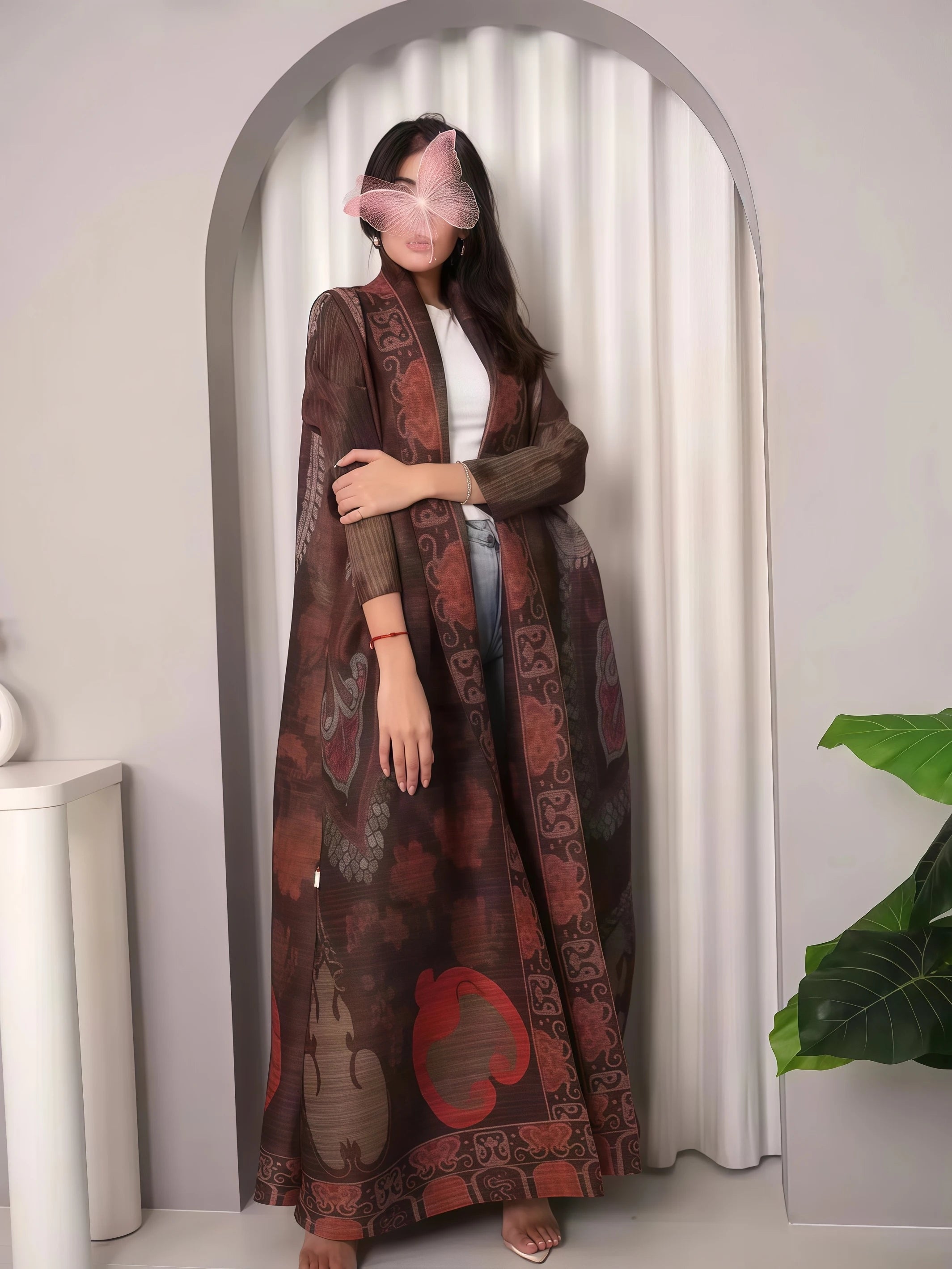 Miyake Pleated Abaya Print Foldable Collar Women's Long Sleeve Robe 2024 New Winter Original Design Fashion Cardigan Coat