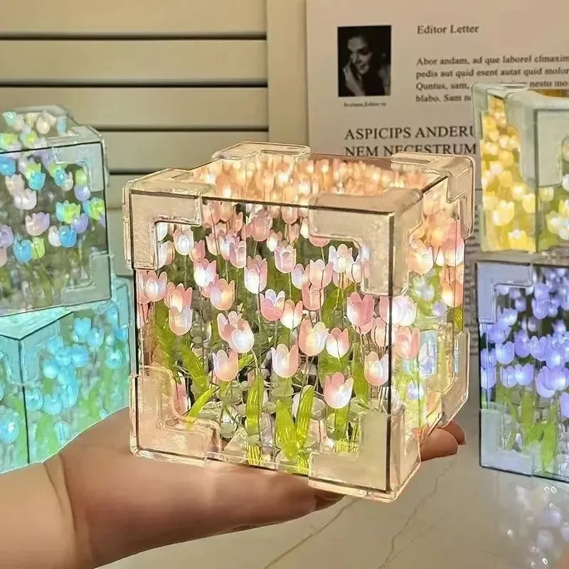 DIY Tulip Mirror Cube Lamp Flower Table Lamp Handmade Romantic Valentine's Day Lamp Tulips Home Decorations Gift for Girlfriend