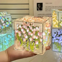 DIY Tulip Mirror Cube Lamp Flower Table Lamp Handmade Romantic Valentine's Day Lamp Tulips Home Decorations Gift for Girlfriend