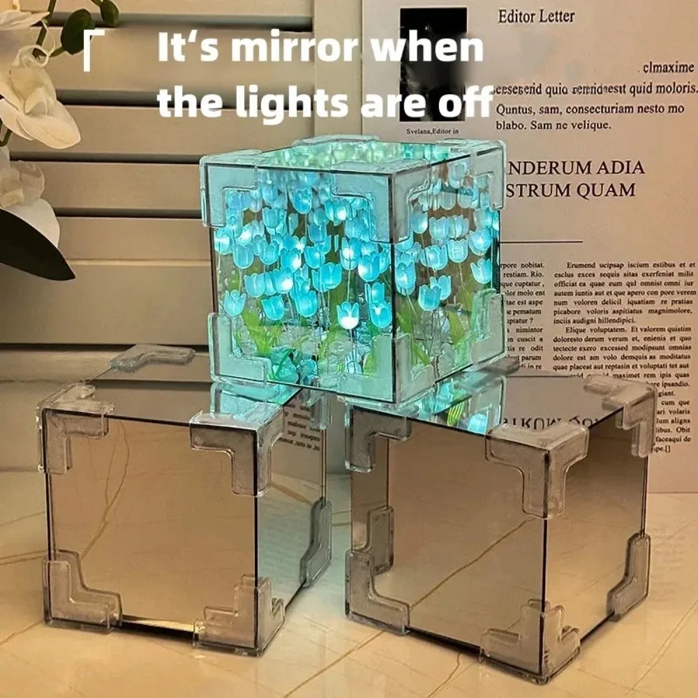 DIY Tulip Mirror Cube Lamp Flower Table Lamp Handmade Romantic Valentine's Day Lamp Tulips Home Decorations Gift for Girlfriend
