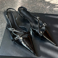 Female Buckle Strap Pumps Wine Red Footwear Women Medium Heels Shoes 2025 Fashion Shallow Pointed Toe Ladies Heels Shoes
