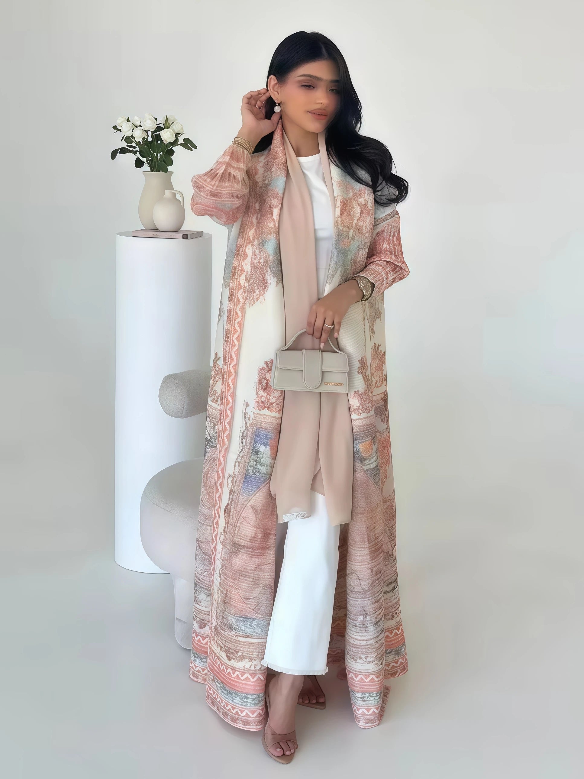 Miyake Pleated Abaya Print Foldable Collar Women's Long Sleeve Robe 2024 New Winter Original Design Fashion Cardigan Coat