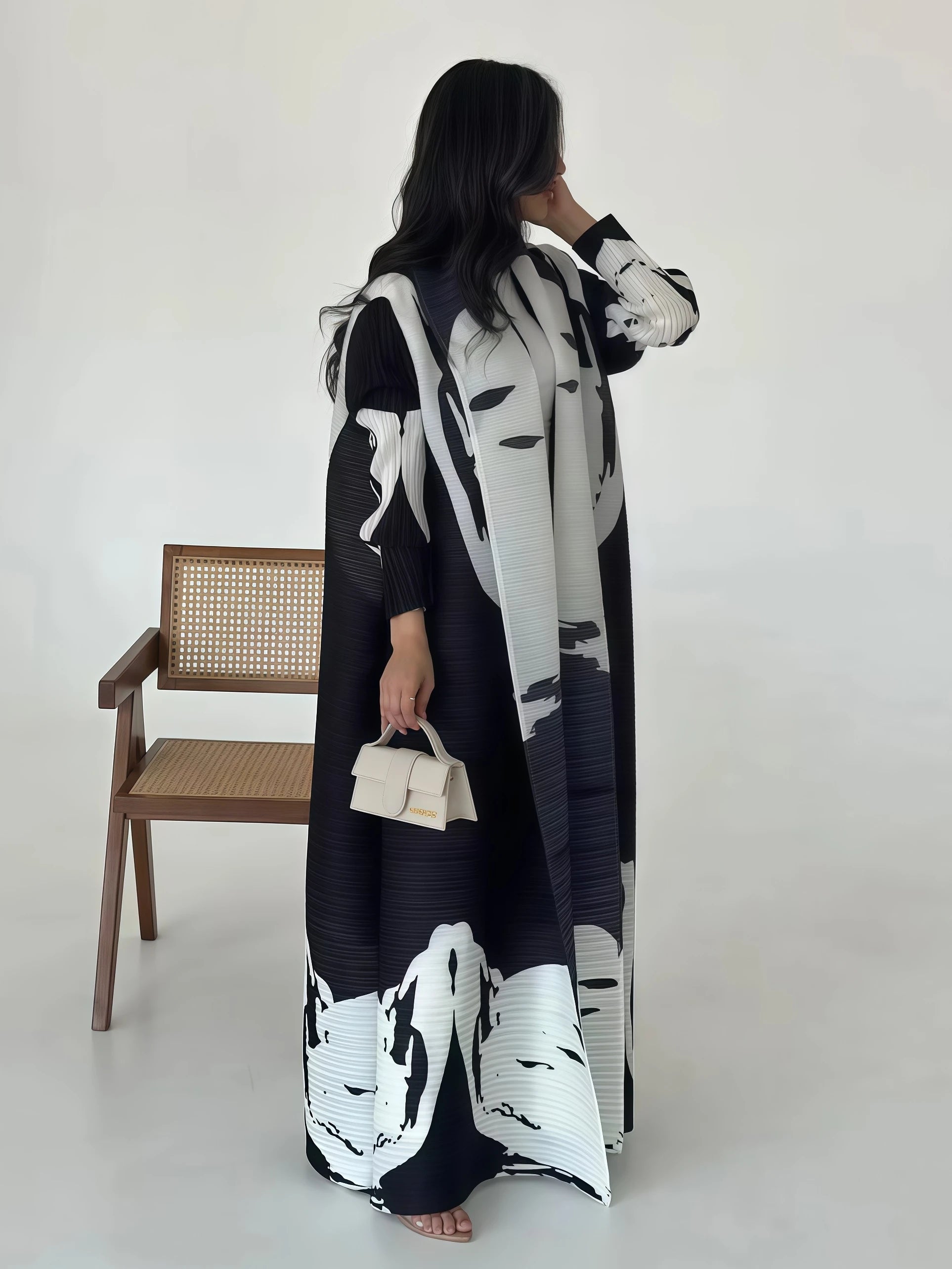Miyake Pleated Abaya Print Foldable Collar Women's Long Sleeve Robe 2024 New Winter Original Design Fashion Cardigan Coat