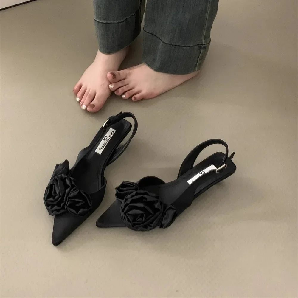 Elegant Woman Sandals High Heeled Sweet Rose Closed Toe Footwear 2024 Summer Slingback Pointed Fashion Dress Ladies Shoes