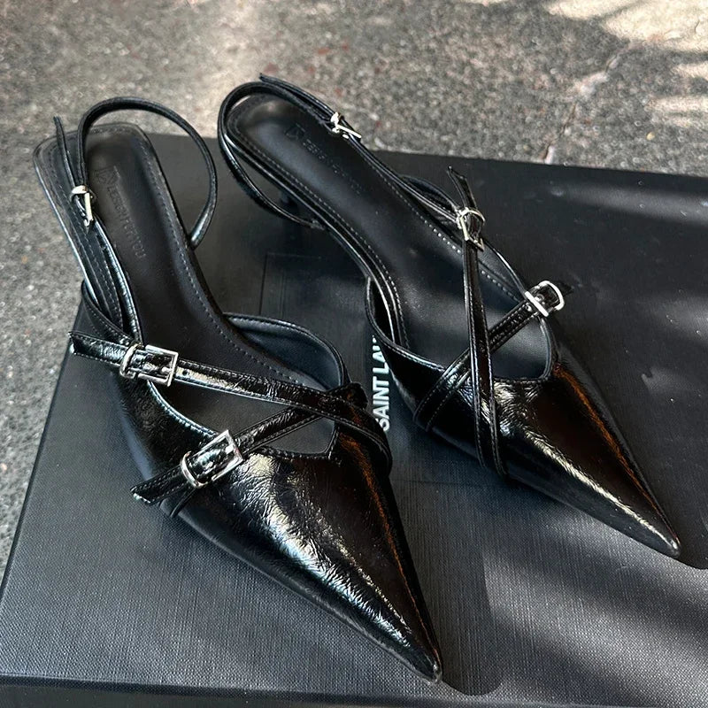 Female Buckle Strap Pumps Wine Red Footwear Women Medium Heels Shoes 2025 Fashion Shallow Pointed Toe Ladies Heels Shoes