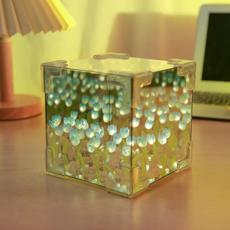 DIY Tulip Mirror Cube Lamp Simulation Flower Bedroom Sleeping Table Lamp Handmade Craft Tulips Mirror Night Light Birthday Gift