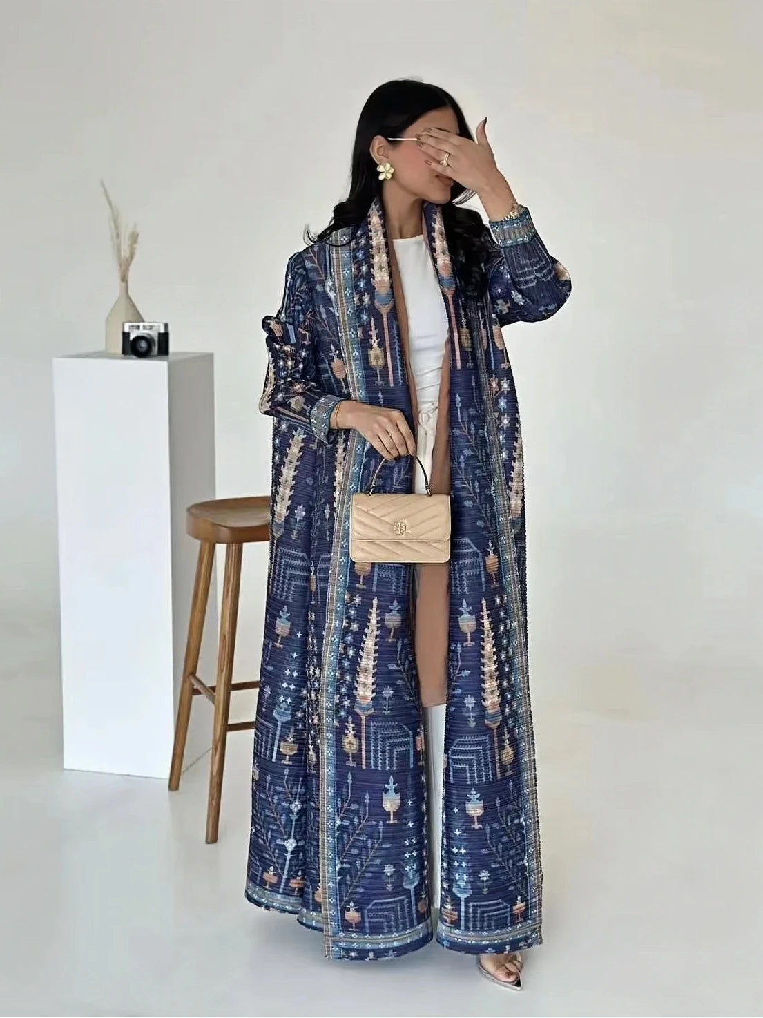 Miyake Pleated Abaya Print Foldable Collar Women's Long Sleeve Robe 2024 New Winter Original Design Fashion Cardigan Coat