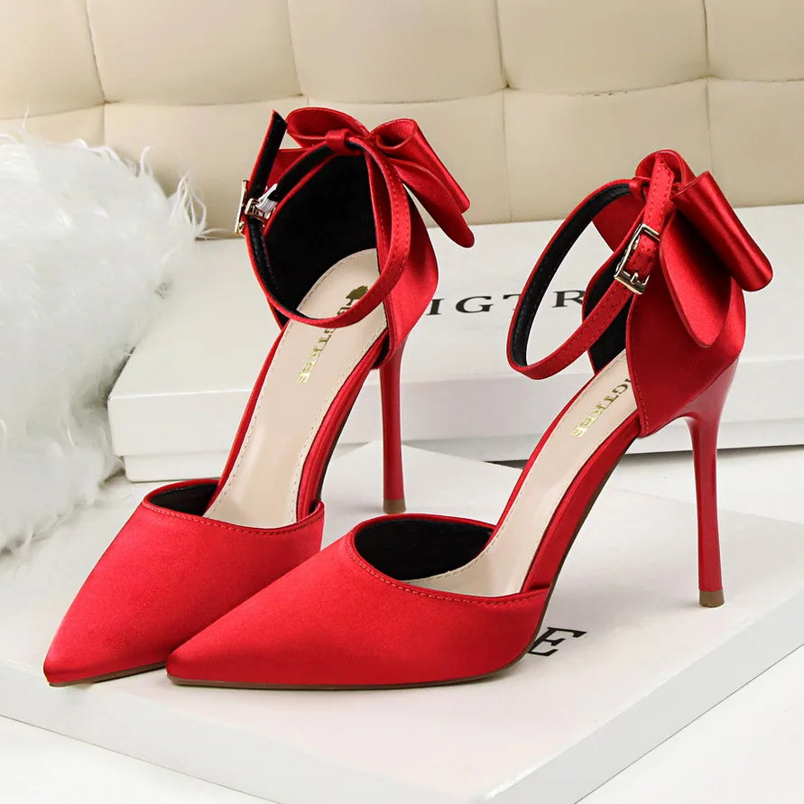 Women Summer 8cm 10cm High Heels Sandals Lady Silk Wedding Low Heels Butterfly Knot Bow Sandles Quality Classic Bigtree Shoes