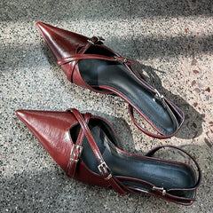 Female Buckle Strap Pumps Wine Red Footwear Women Medium Heels Shoes 2025 Fashion Shallow Pointed Toe Ladies Heels Shoes