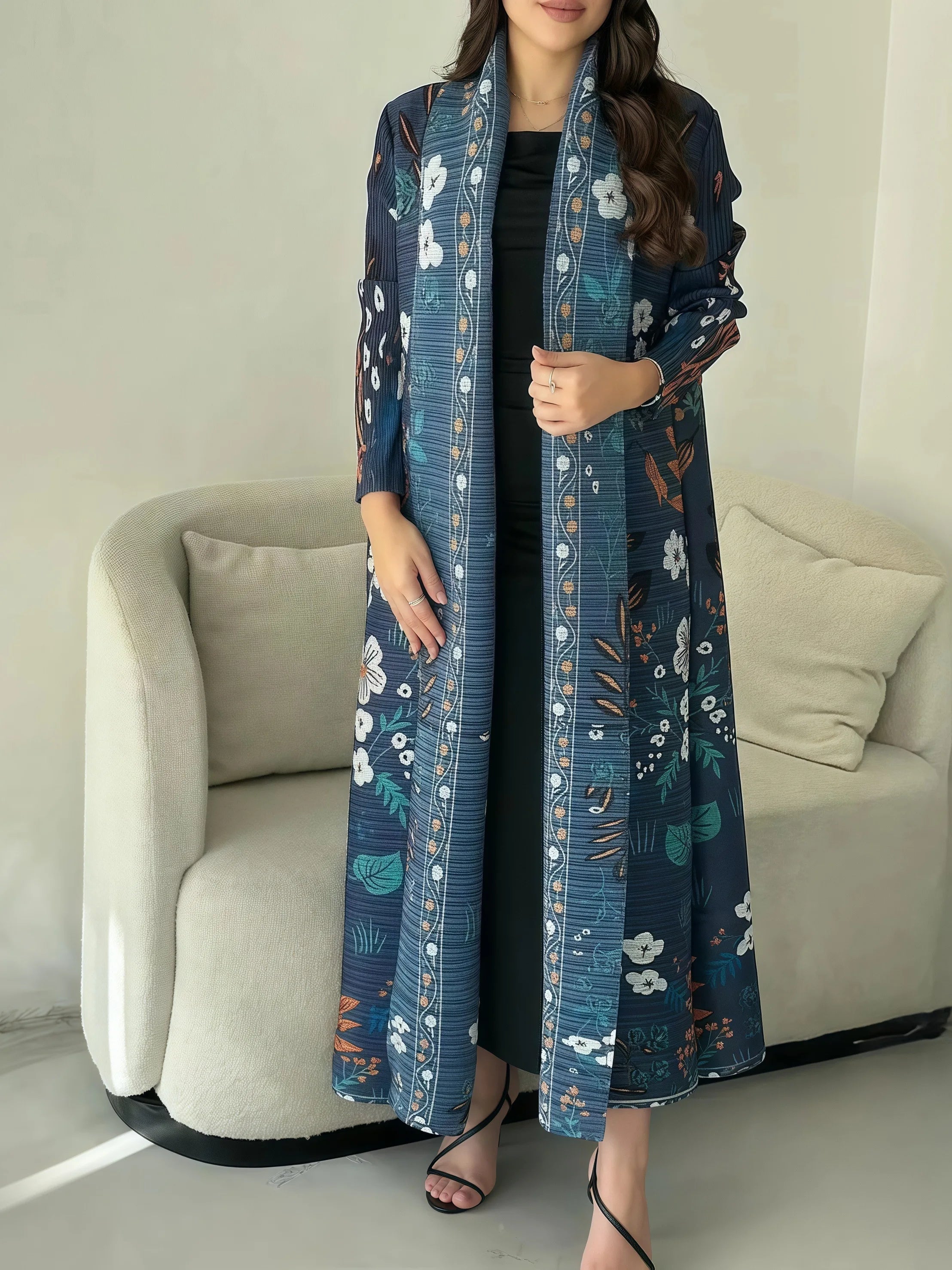 Miyake Pleated Abaya Print Foldable Collar Women's Long Sleeve Robe 2024 New Winter Original Design Fashion Cardigan Coat