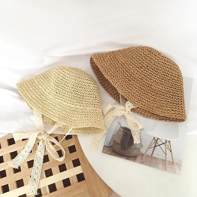 Summer Children Lace Solid Straw Hat Outdoor Girl Baby Fashion Sunscreen Cap Infant Fisherman's Caps Kid Vacation Casual Hats