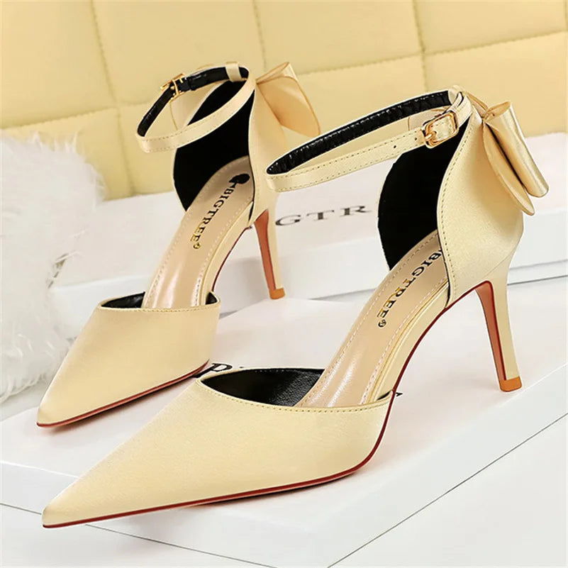 Women Summer 8cm 10cm High Heels Sandals Lady Silk Wedding Low Heels Butterfly Knot Bow Sandles Quality Classic Bigtree Shoes