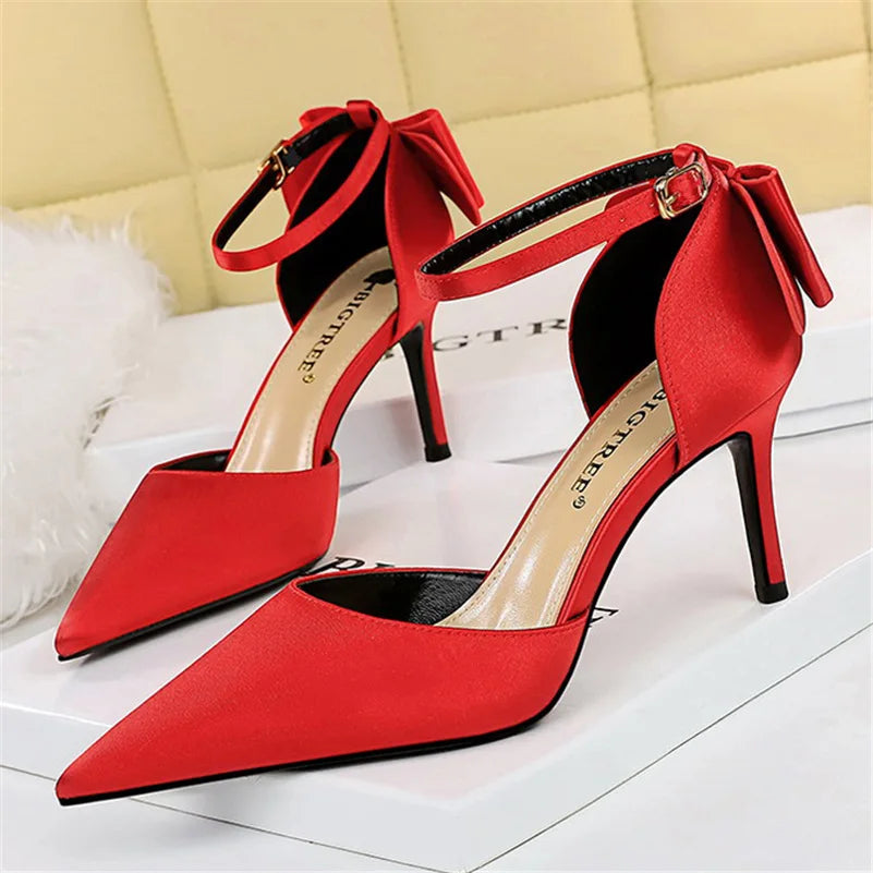 Women Summer 8cm 10cm High Heels Sandals Lady Silk Wedding Low Heels Butterfly Knot Bow Sandles Quality Classic Bigtree Shoes
