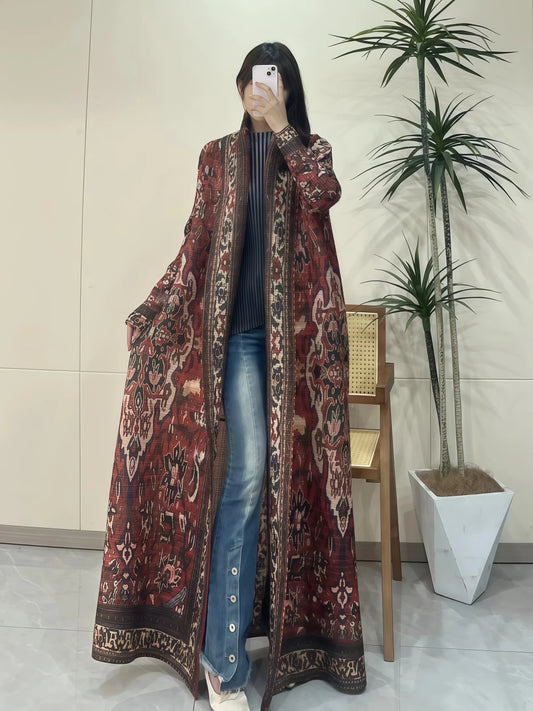 Miyake Pleated Abaya Print Foldable Collar Women's Long Sleeve Robe 2024 New Winter Original Design Fashion Cardigan Coat
