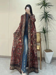 Miyake Pleated Abaya Print Foldable Collar Women's Long Sleeve Robe 2024 New Winter Original Design Fashion Cardigan Coat