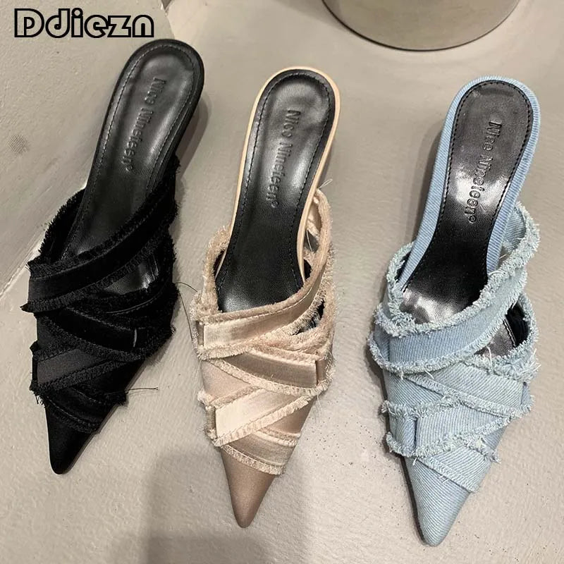 2025 Women Mules Elegant Sandals Pumps Summer Female Shoes Low Heels New In Fashion Ladies Sandal Pointed Toe Slides Footwear
