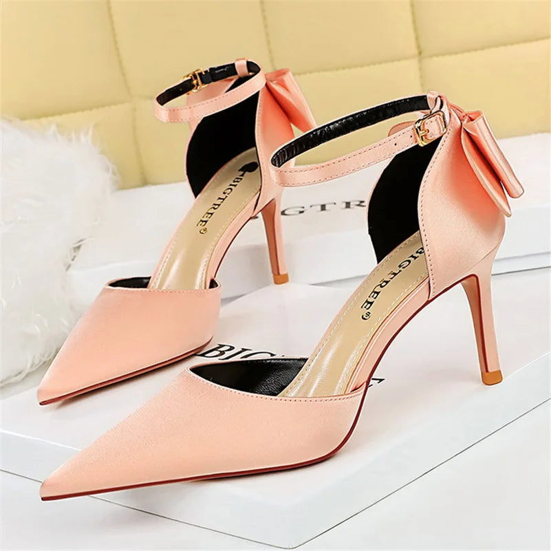 Women Summer 8cm 10cm High Heels Sandals Lady Silk Wedding Low Heels Butterfly Knot Bow Sandles Quality Classic Bigtree Shoes