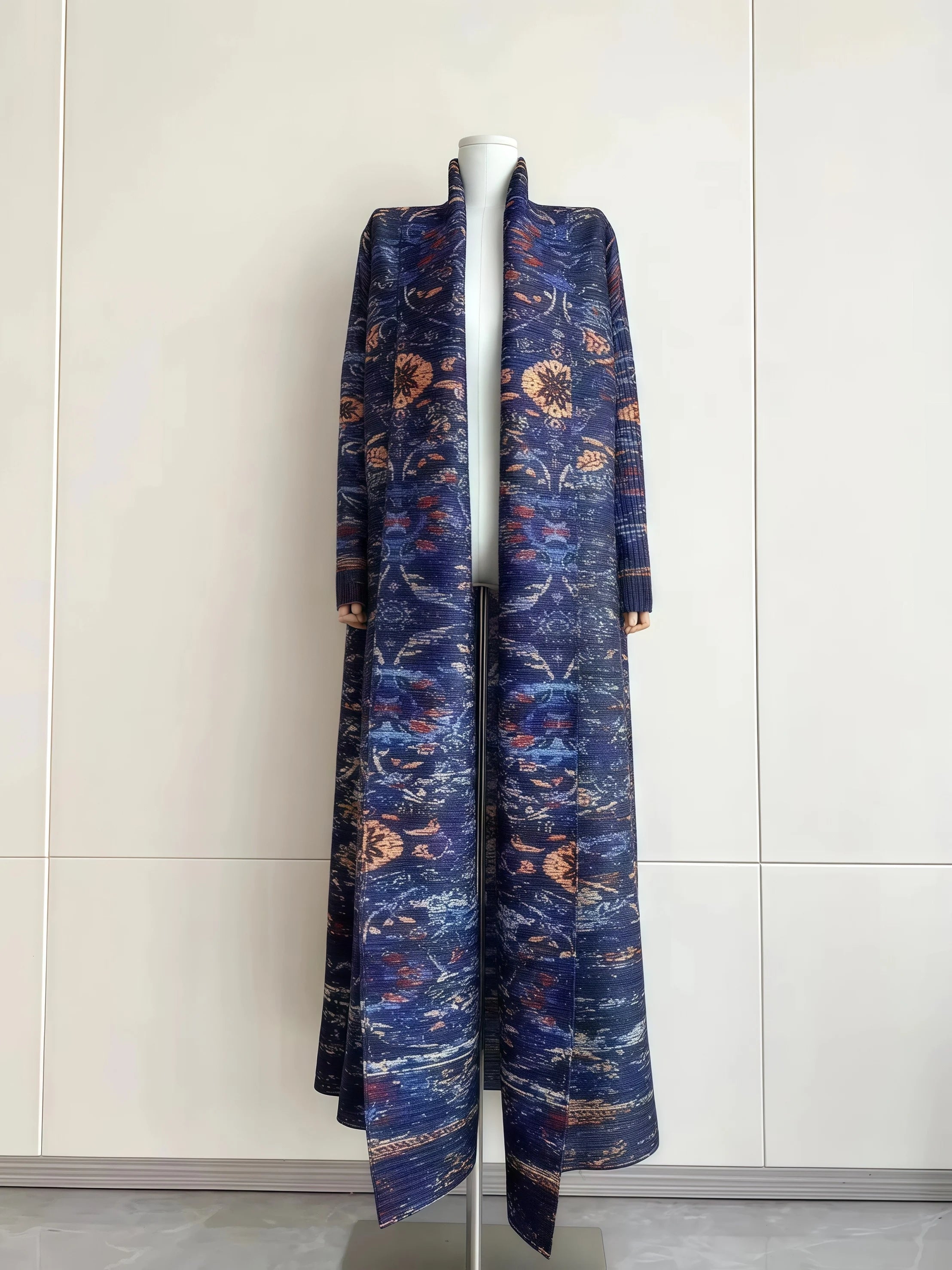 Miyake Pleated Abaya Print Foldable Collar Women's Long Sleeve Robe 2024 New Winter Original Design Fashion Cardigan Coat