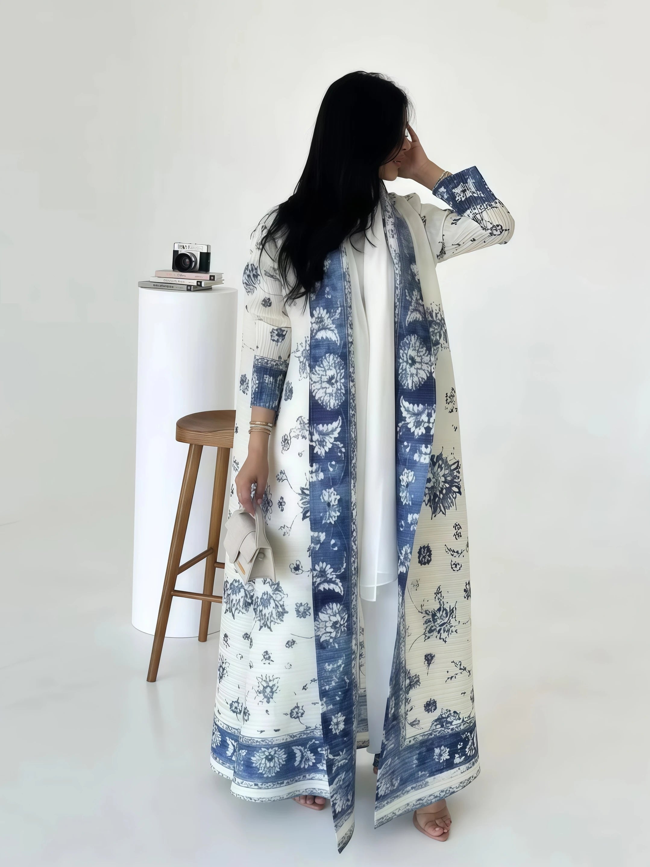 Miyake Pleated Abaya Print Foldable Collar Women's Long Sleeve Robe 2024 New Winter Original Design Fashion Cardigan Coat