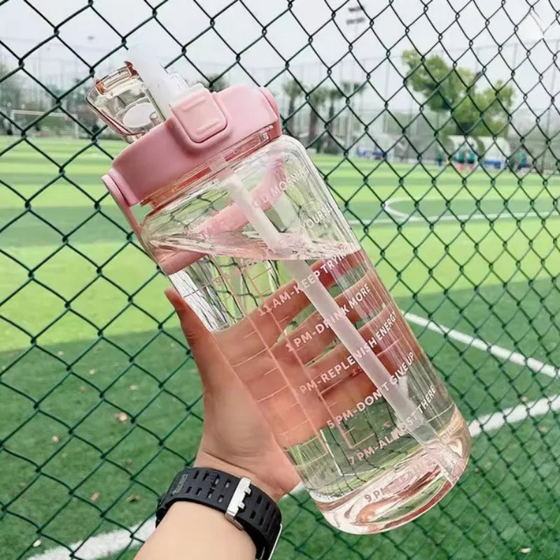 Large Capacity Plastic Straw Portable Sports Straw Water Bottle With Time Marker 2L Large Capacity Cup，Water Jug With Handle