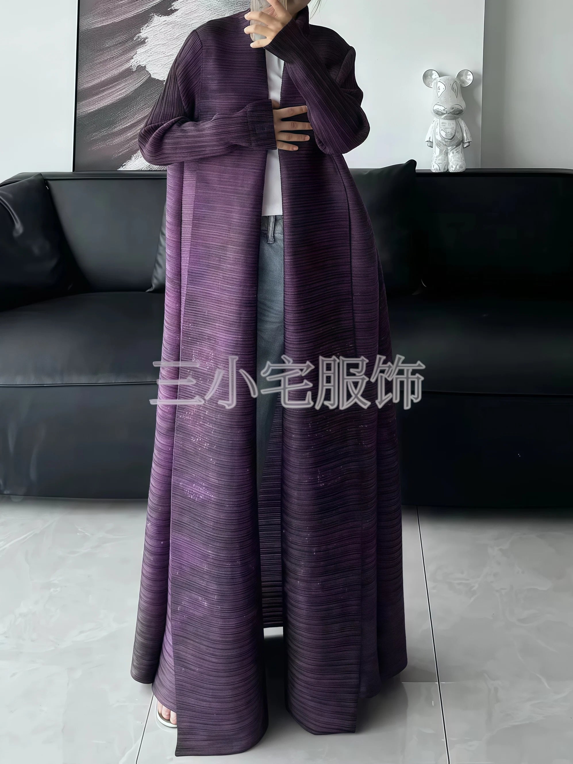 Miyake Pleated Abaya Print Foldable Collar Women's Long Sleeve Robe 2024 New Winter Original Design Fashion Cardigan Coat