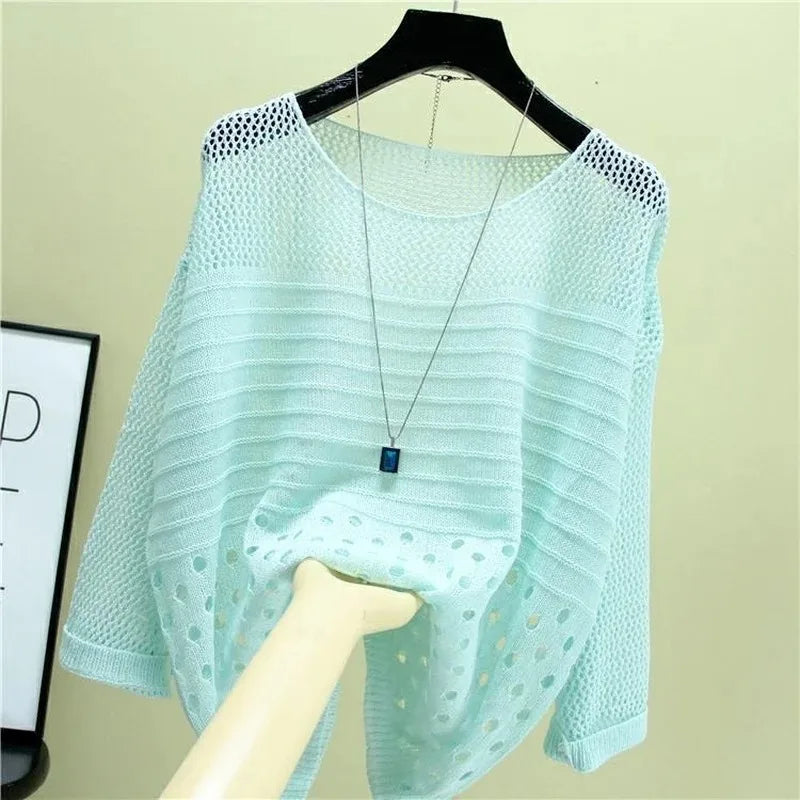 Spring and Summer New Ice Silk Knitted Vest Top Hollow Out Thin Bottoming Sling Streetwear Womens Clothing Shirt