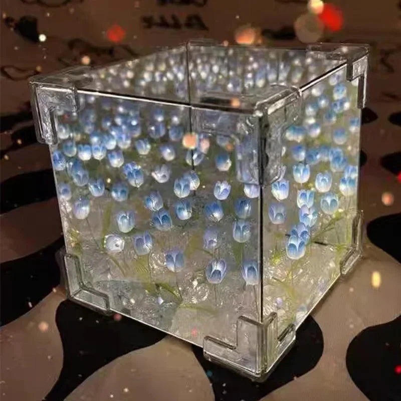 DIY Tulip Mirror Cube Lamp Flower Table Lamp Handmade Romantic Valentine's Day Lamp Tulips Home Decorations Gift for Girlfriend