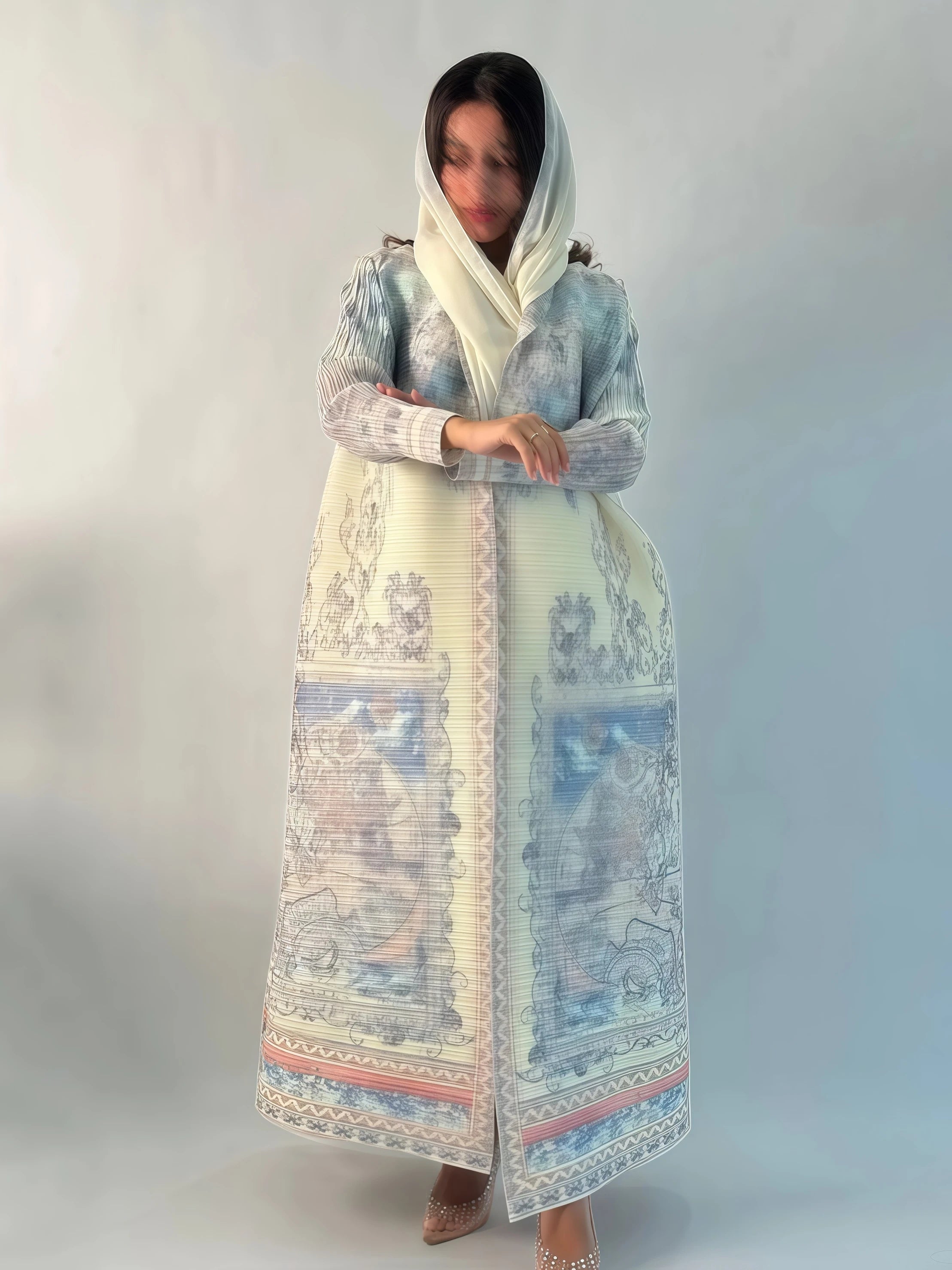 Miyake Pleated Abaya Print Foldable Collar Women's Long Sleeve Robe 2024 New Winter Original Design Fashion Cardigan Coat