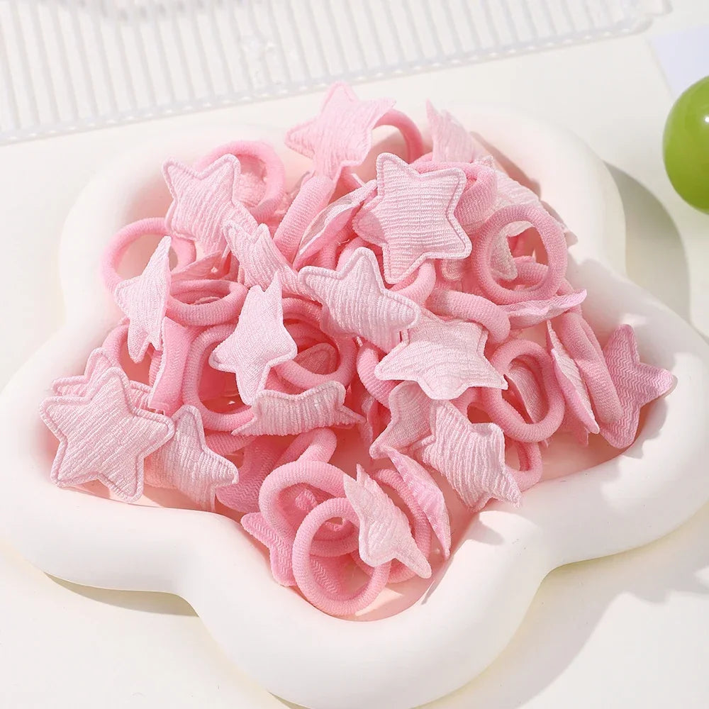 10/20pcs Girls Pink Heart Star Children Hair Loop No Harm Hair Cartoon Towel Rope Ponytail Holder Mini Rubber Band Kids Headwear